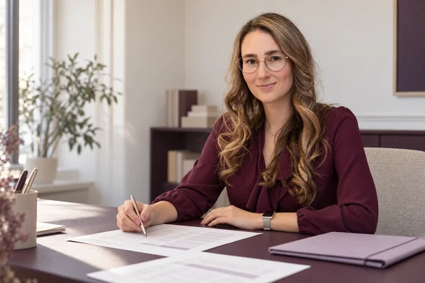 Kateřina při práci s podklady u stolu